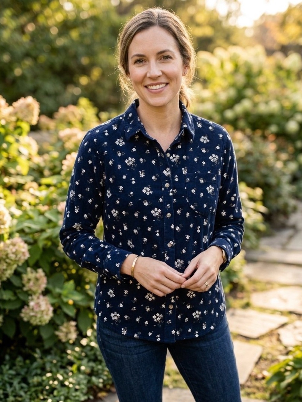 Jachs Navy Button-Down Shirt with White Floral Print
